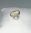 Titanium steel ring with artificial pearl and zircon