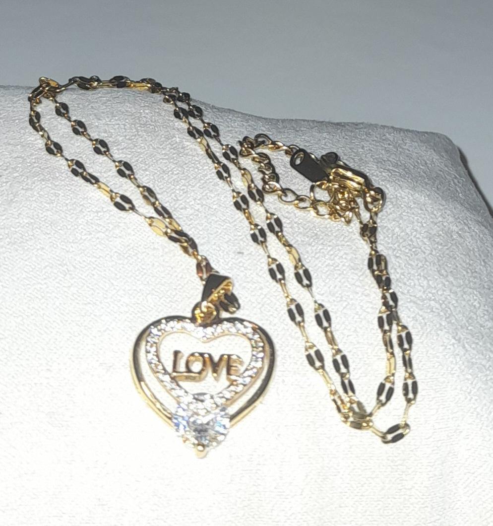 Titanium steel golden colour necklace with heart pendant and love writing