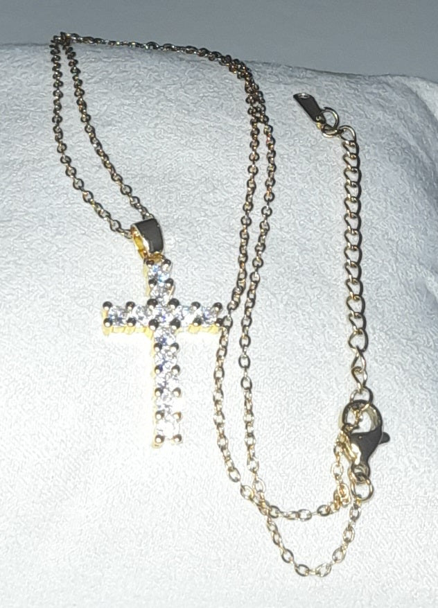 Stainless steel gold colour cross pendant with encrusted zirconia