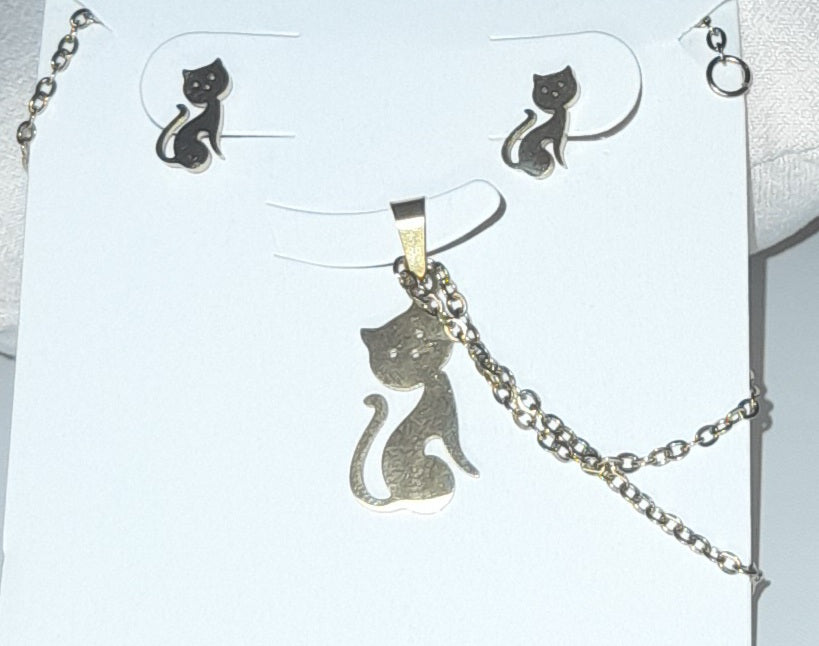 Stainless steel gold colour set necklace with cat pendant + matching earrings